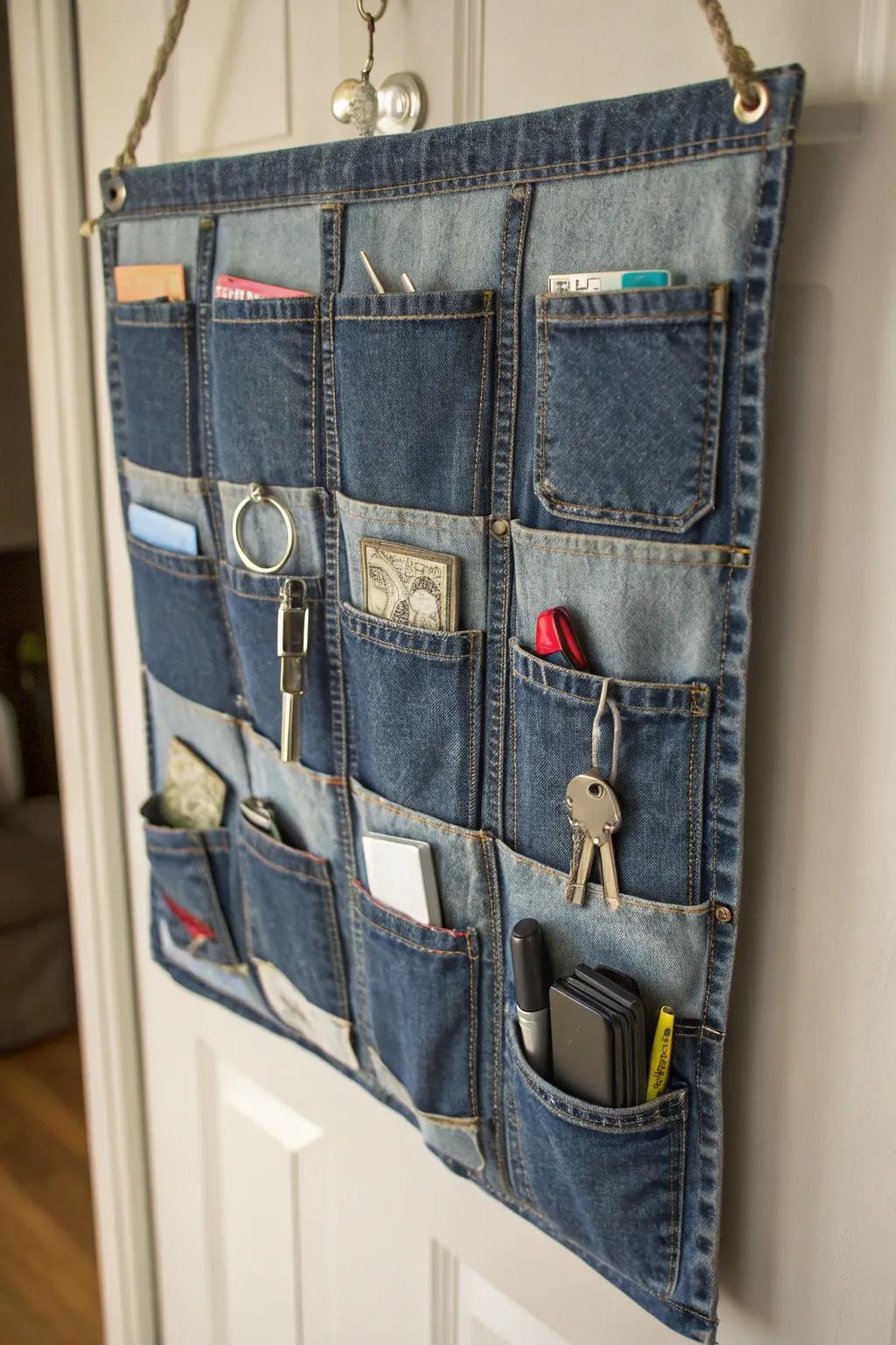 Arrange with denim pouch storage aids.