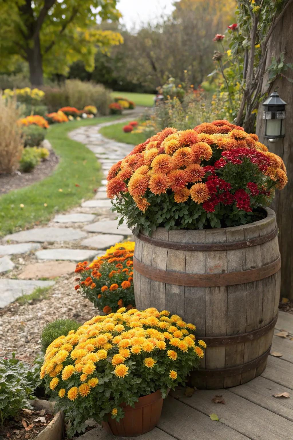 Celebratory autumn mums bringing fall warmth to an oak barrel.