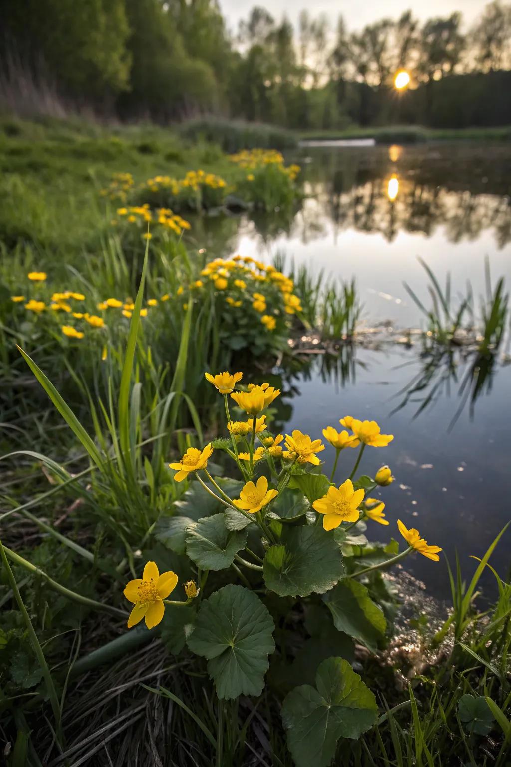 Golden Bloom brightens the pond with its luminous spring blossoms.