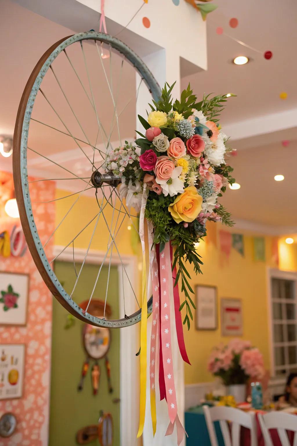 An eclectic bike wheel decoration with a mix of styles and textures for a unique look.