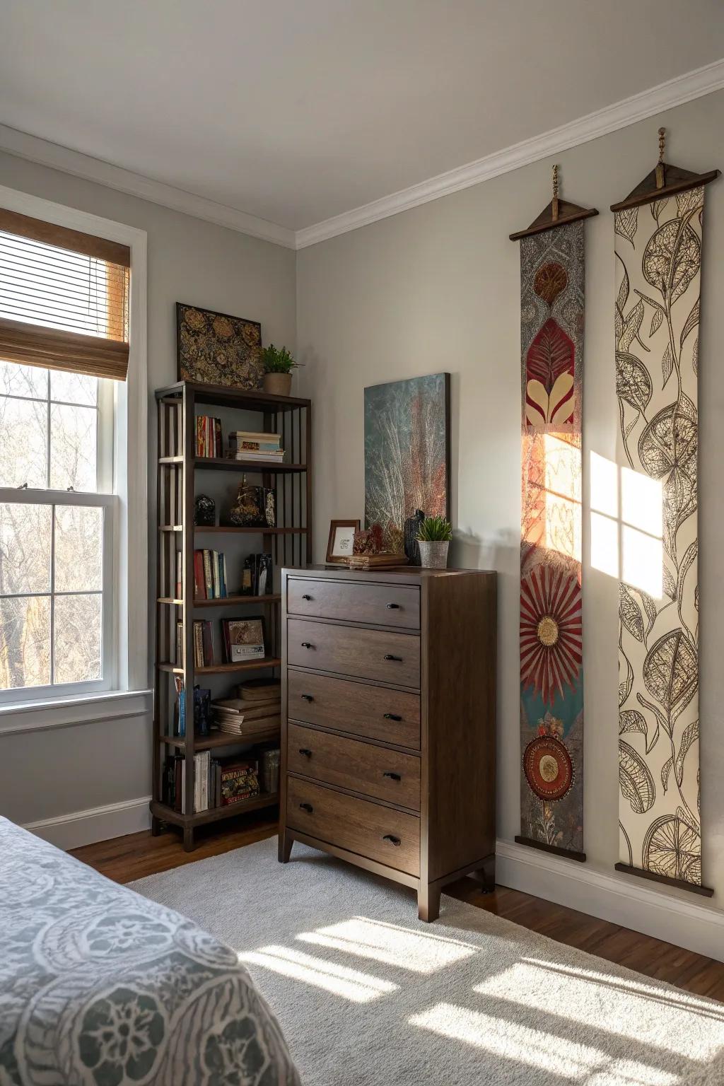 A spacious bedroom utilizing vertical dimensions with elevated furniture and art.
