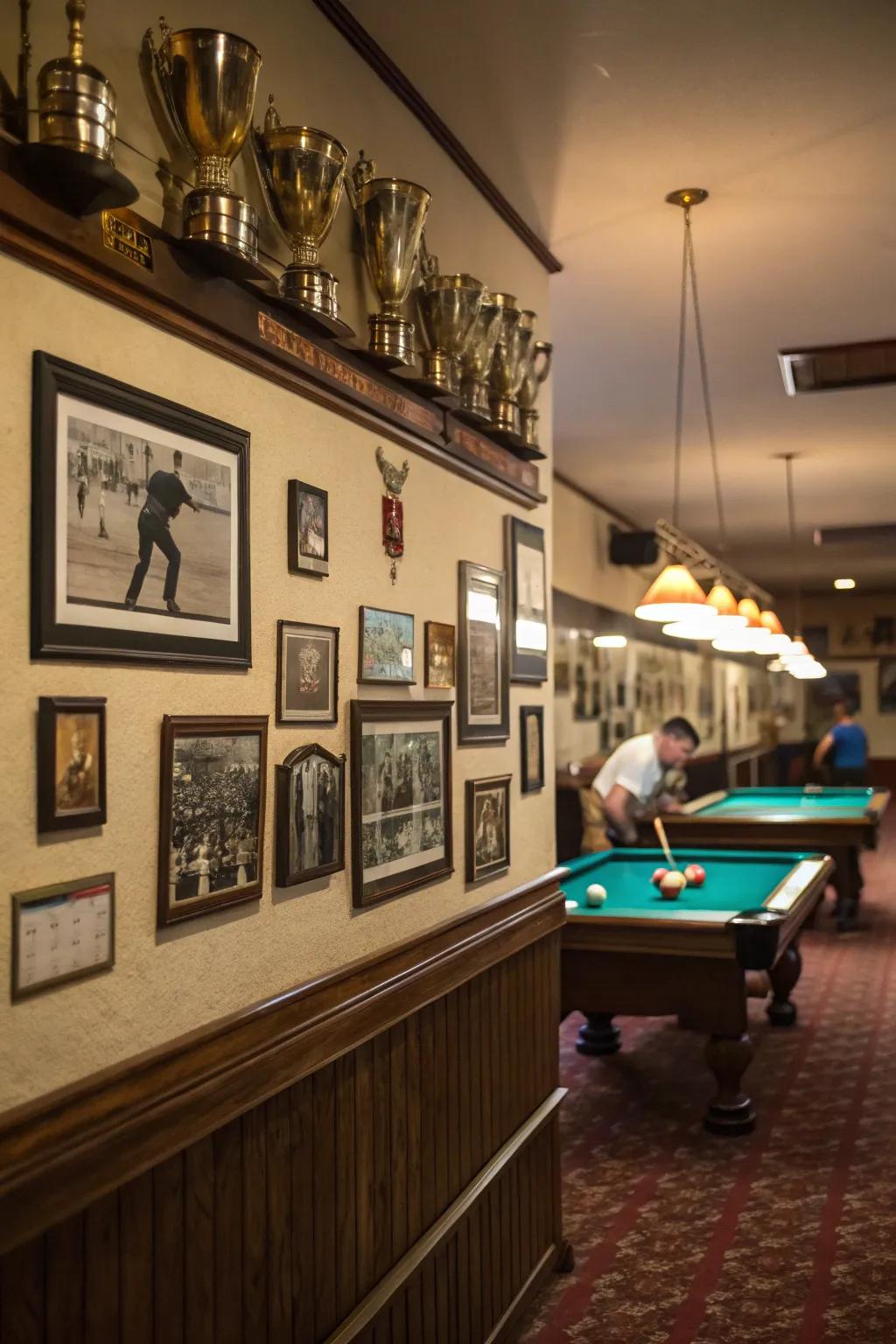Personal treasures adding a unique touch to a billiard room.