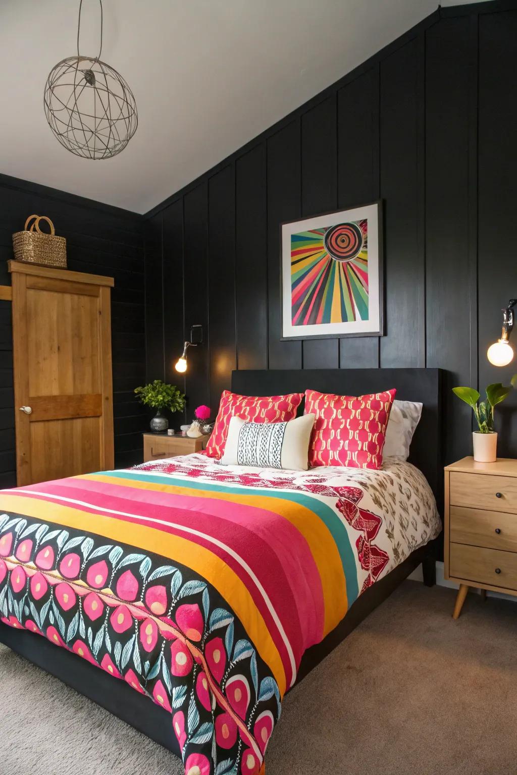 Eye-catching bedding infuses vibrancy into a black statement wall in this bedroom.
