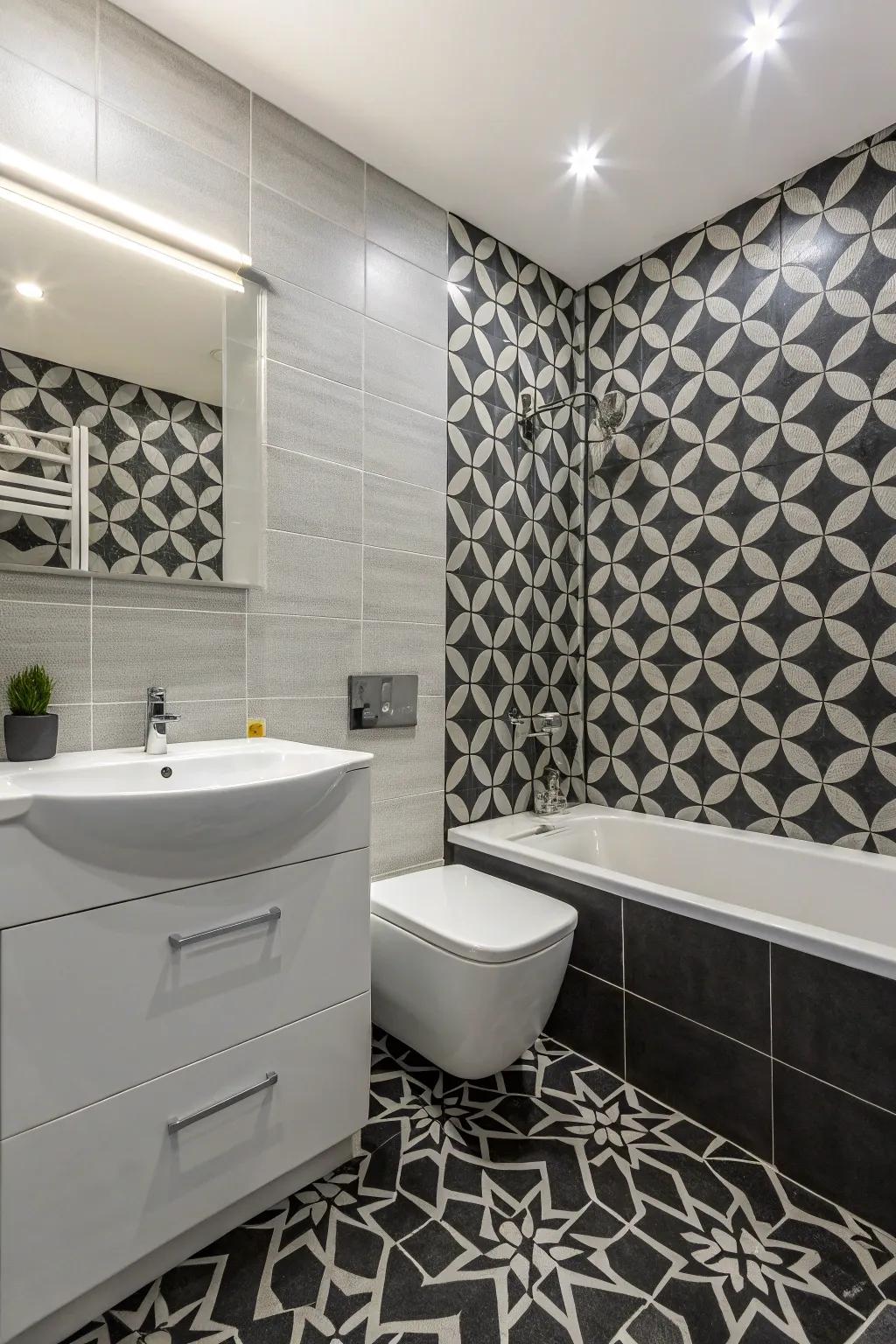 A bathroom decorated with symmetrical layouts that inject a modern and artistic vibe.
