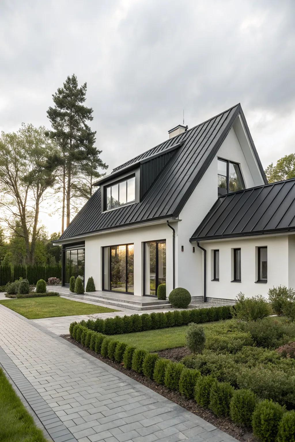A sleek dark metal roof complements the modern design.