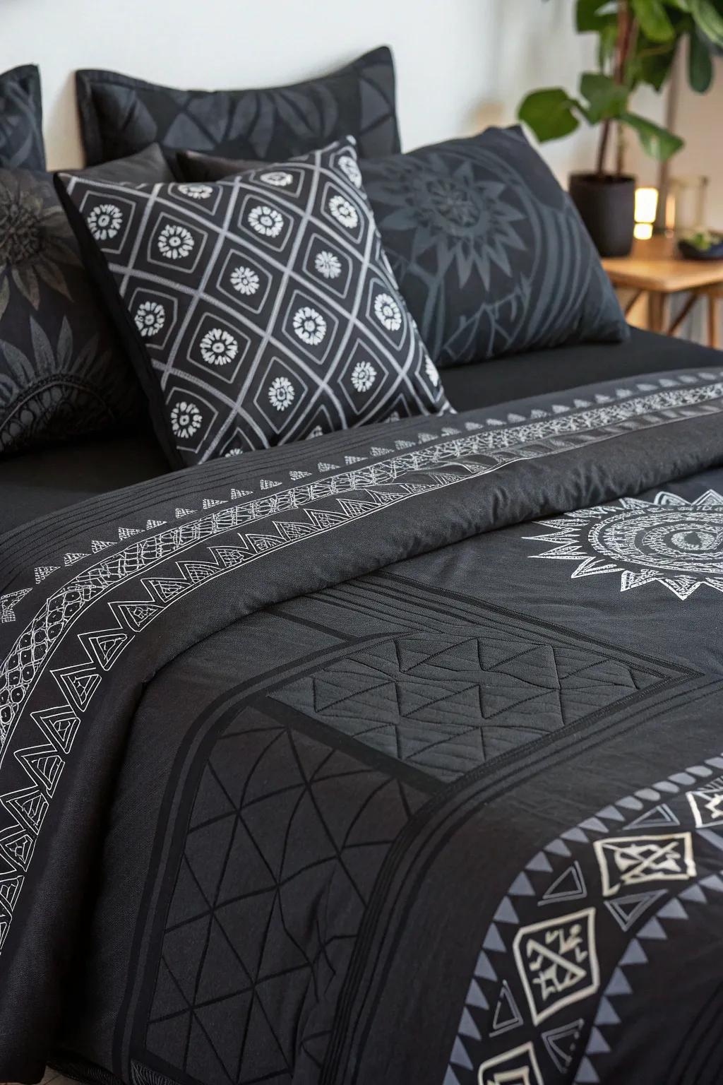 Introducing fashionable flair with patterned ebony linens.