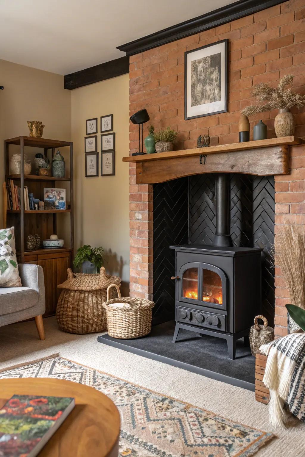 Create depth and interest with a blended material dark hearth.