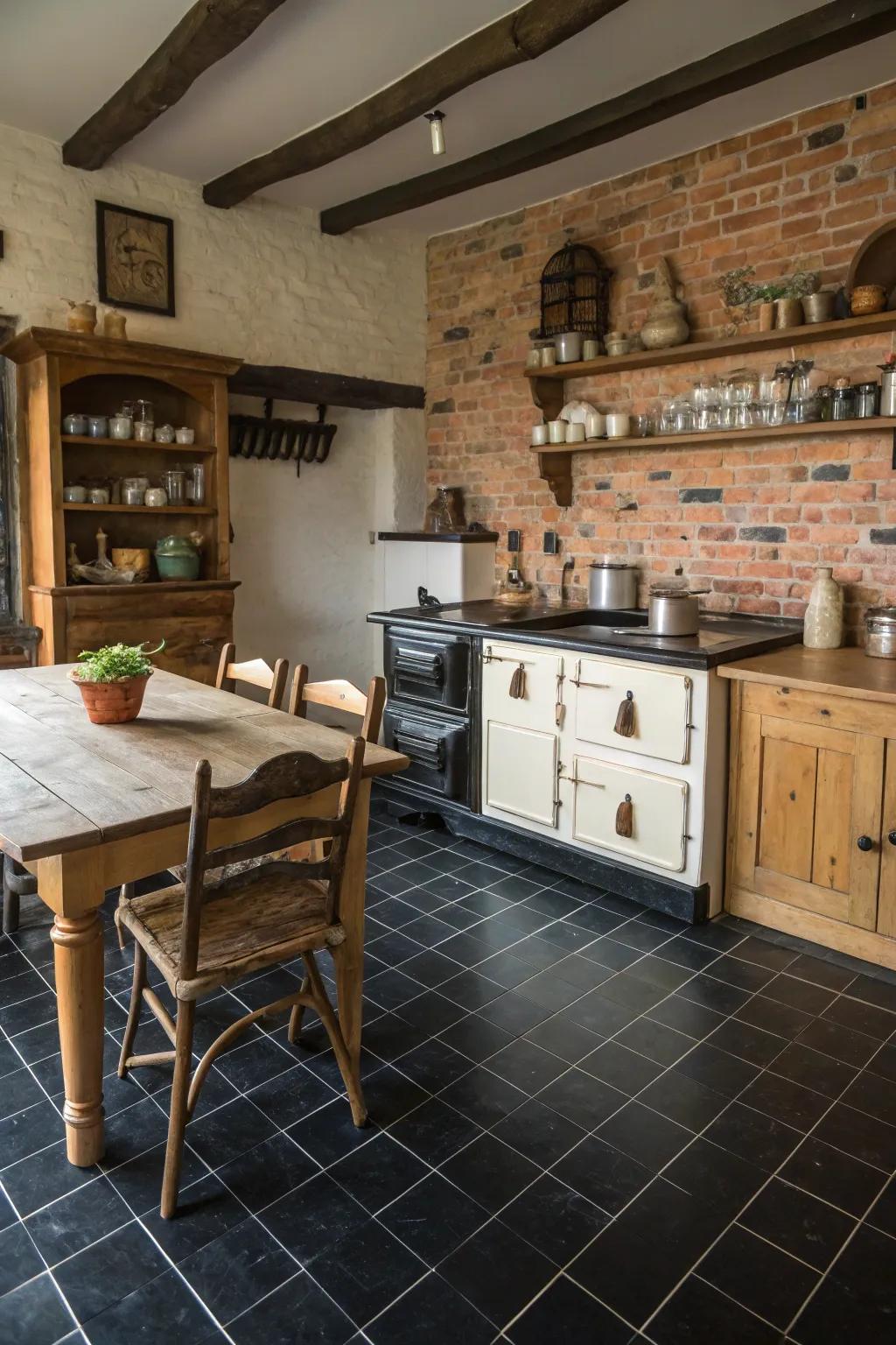 A rustic cooking area where ebony floors complement charming elements like brick and lumber.