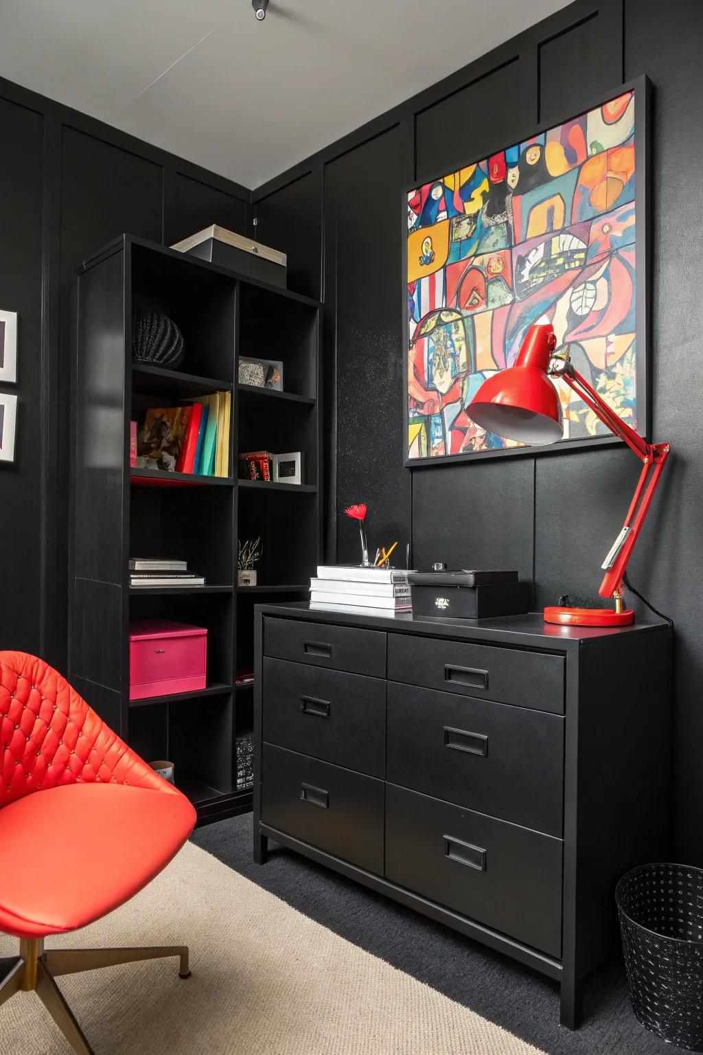 A splash of hue adds energy and vibrancy to a charcoal office.