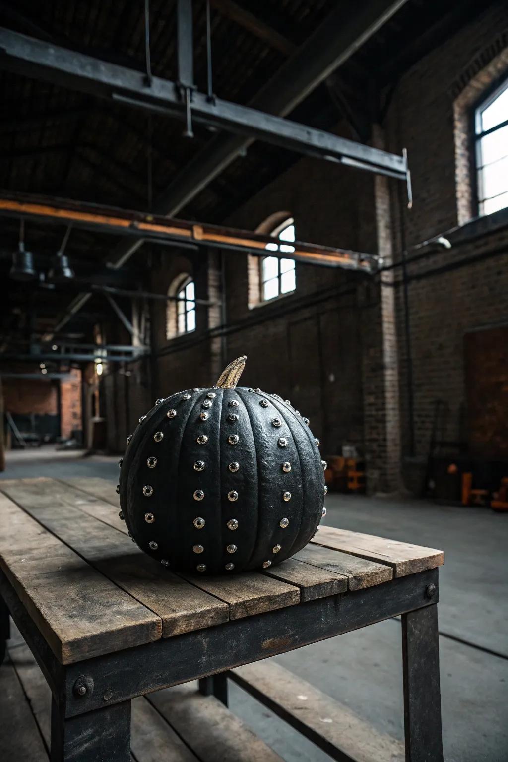 A dark-colored pumpkin with metal studs, providing a contemporary, edgy appearance.