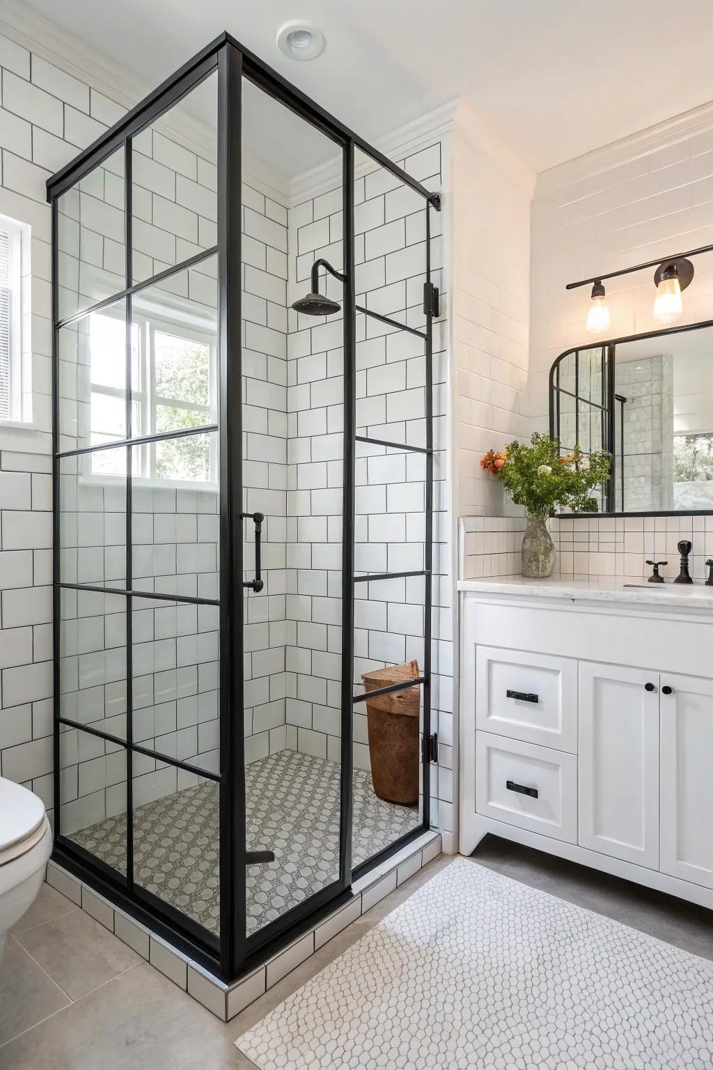 Shower enclosures with ebony frames provide a daring, modern statement.