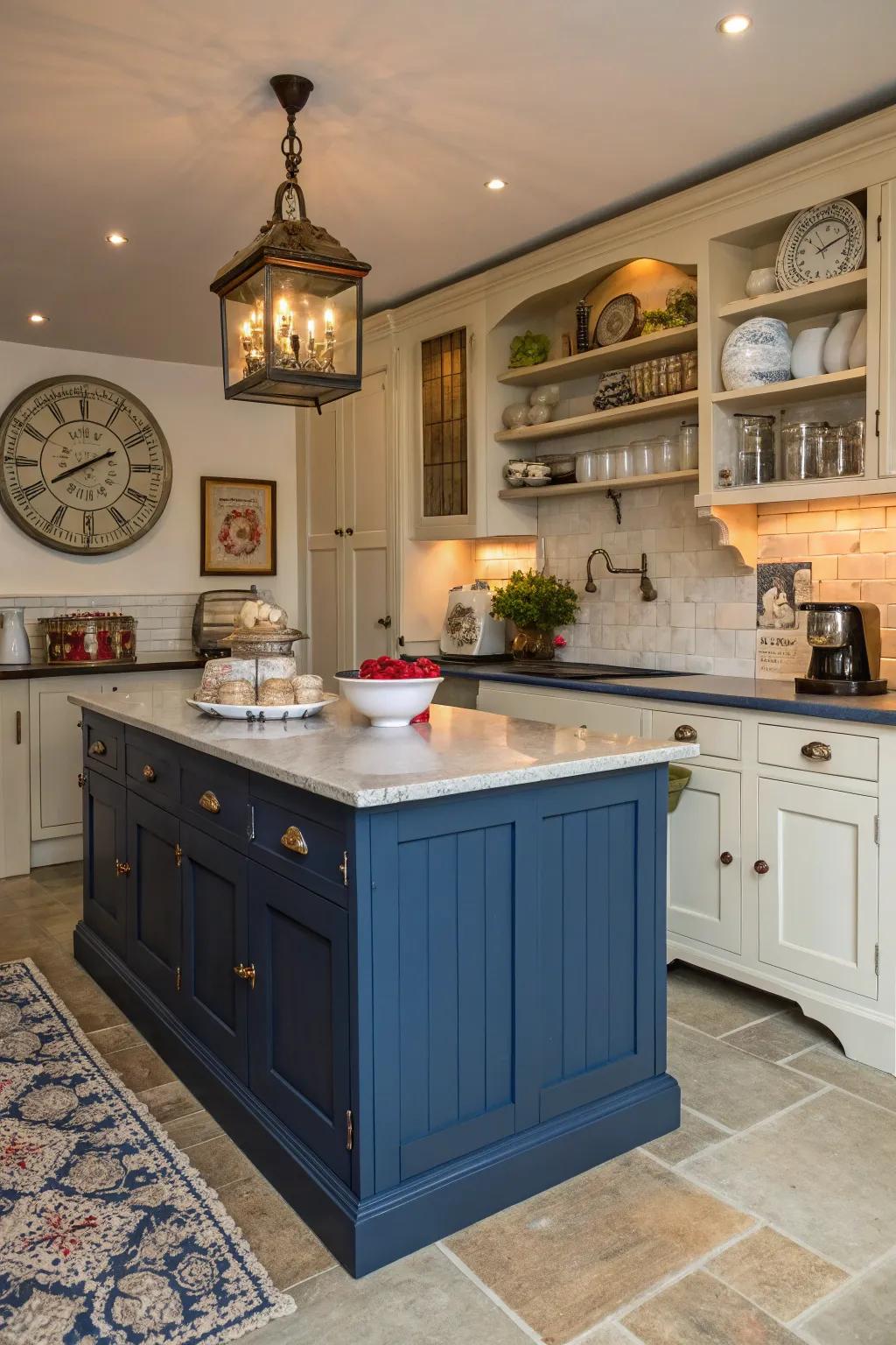 A deep cerulean island brings old-fashioned appeal to this inviting kitchen.
