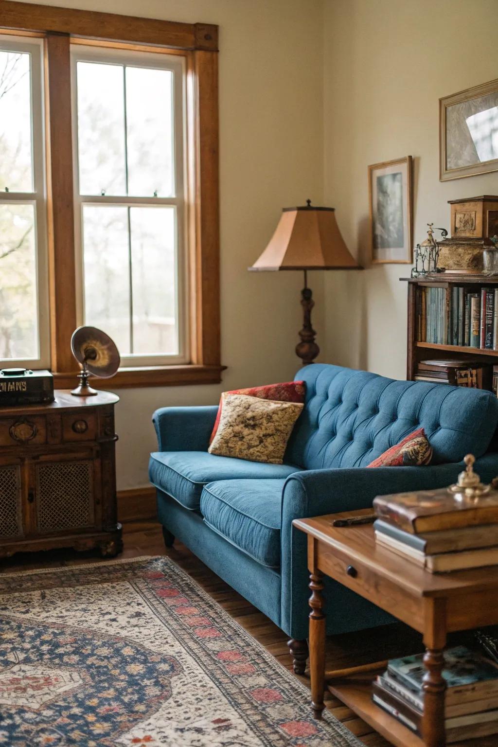 Classic influences inject character into a cerulean couch arrangement.