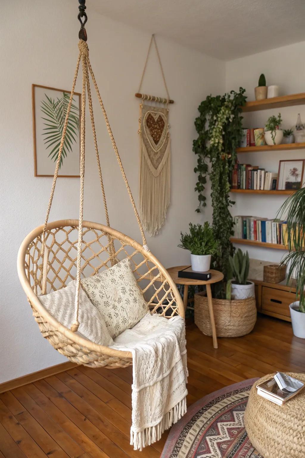A playful cane suspended seat in a bohemian corner.