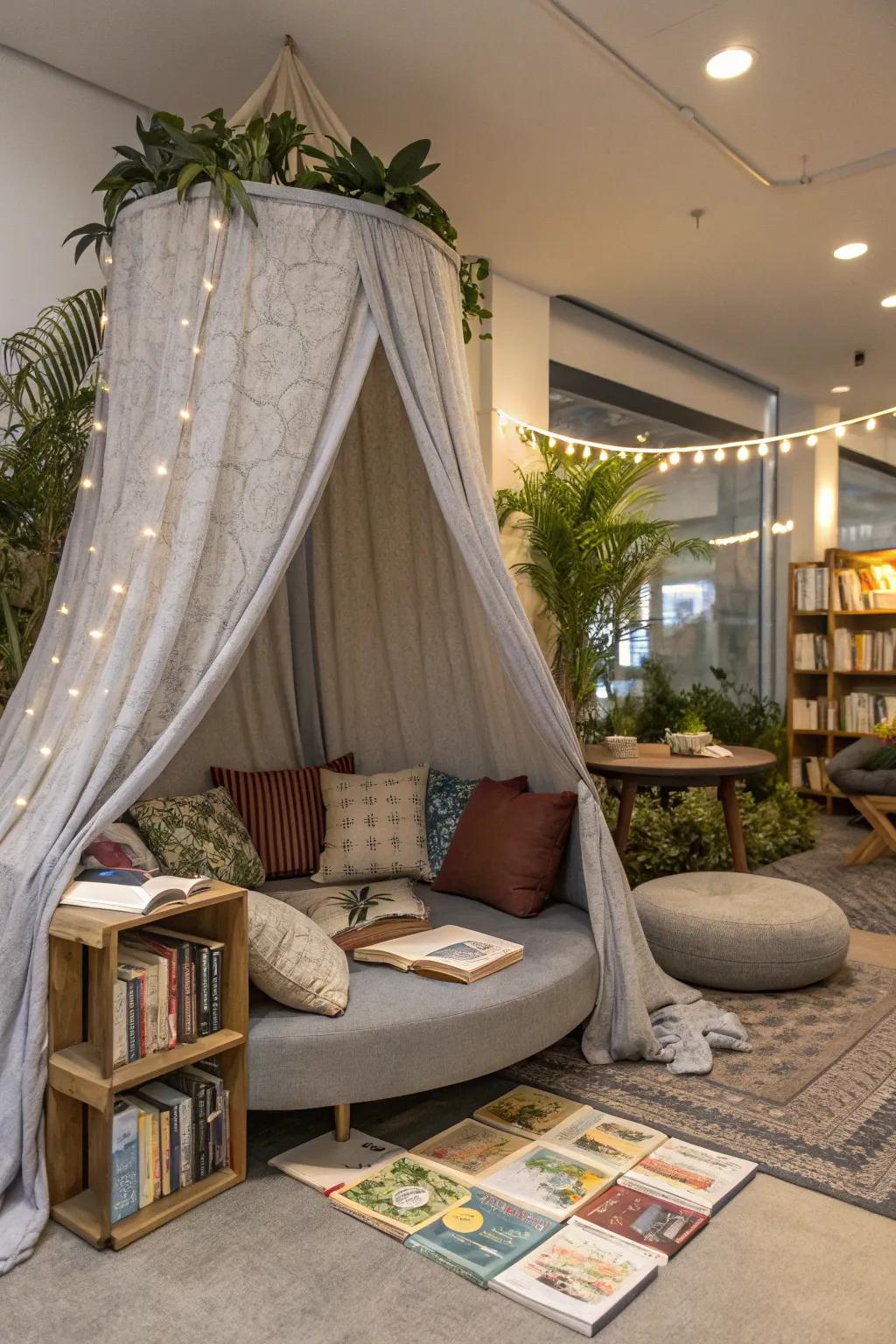 A canopy-enclosed corner that seems private and comfortable.