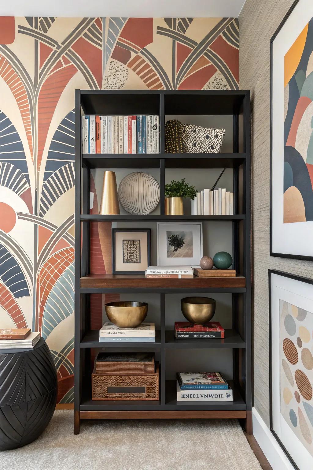 A bookshelf featuring non-representational art wallpaper, exuding a daring, artistic proclamation.