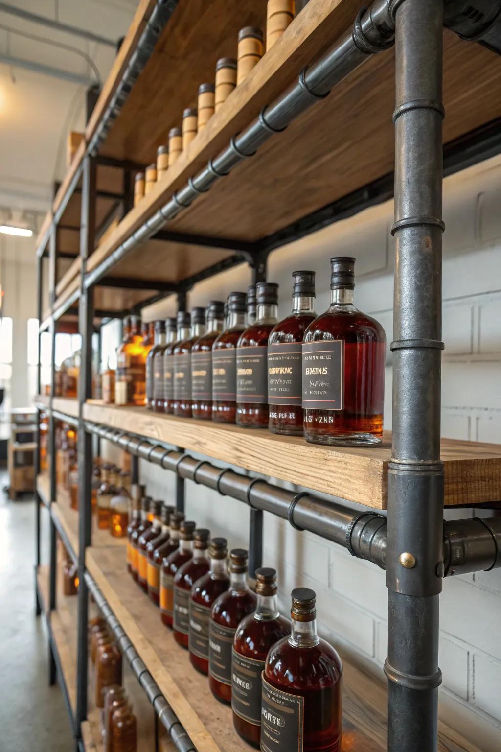 Industry piping racking contributes a contemporary flair to your nectar showcase.