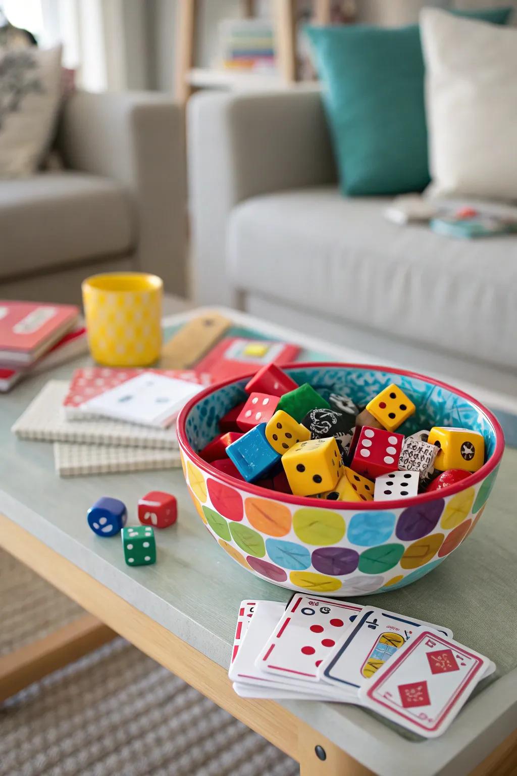 A lively bowl overflowing with playful game pieces