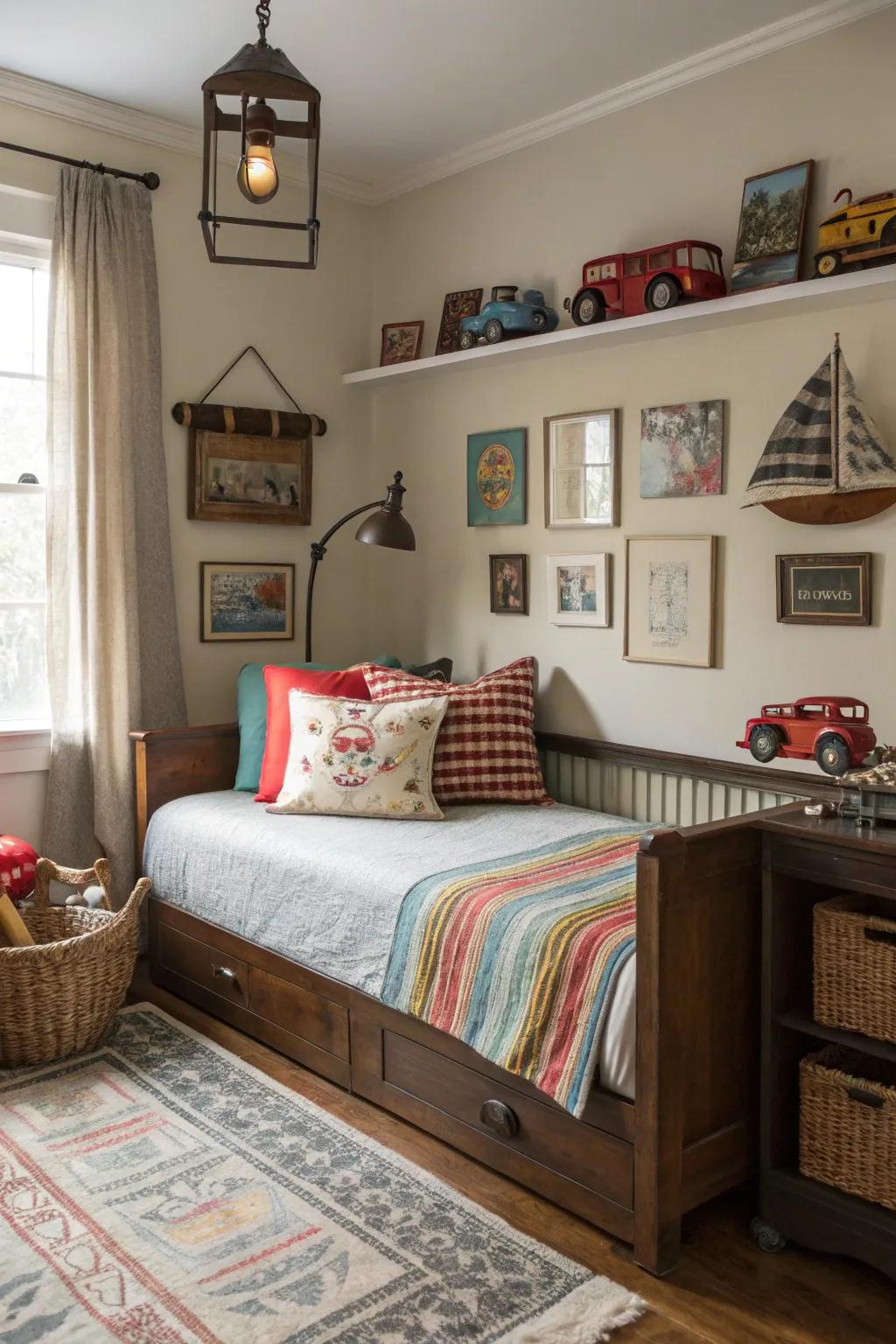 Inject allure and history into a boy's space using vintage sleeper sofa ornamentation.