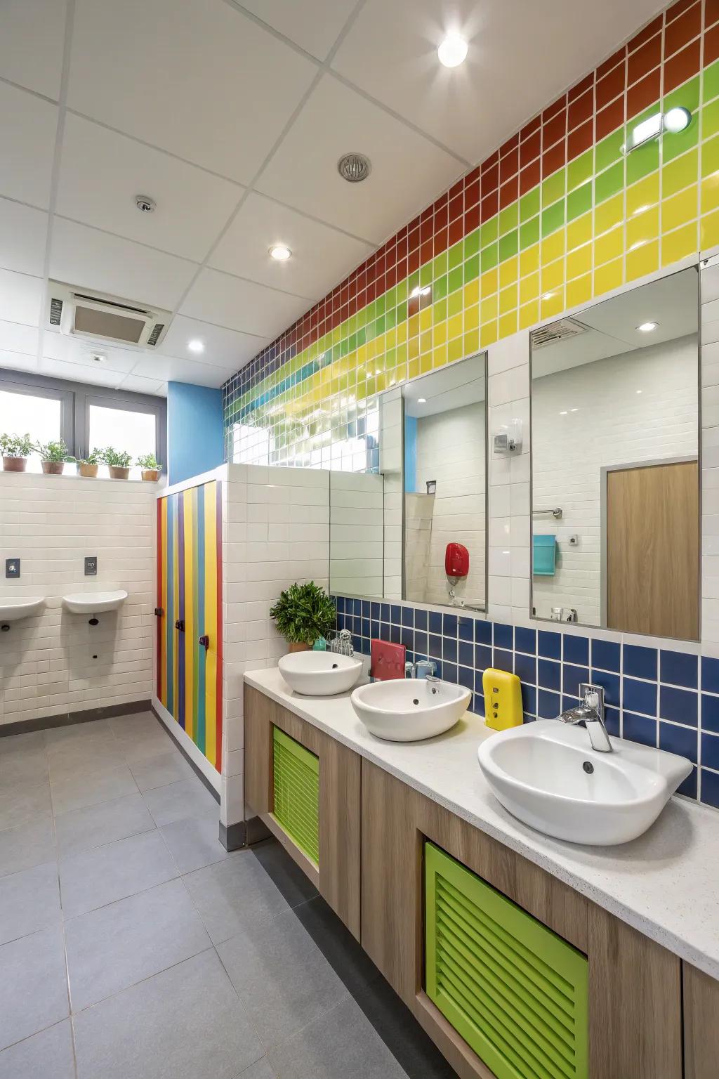 Environmentally conscious apparatuses advocate sustainability in a boys' lavatory.