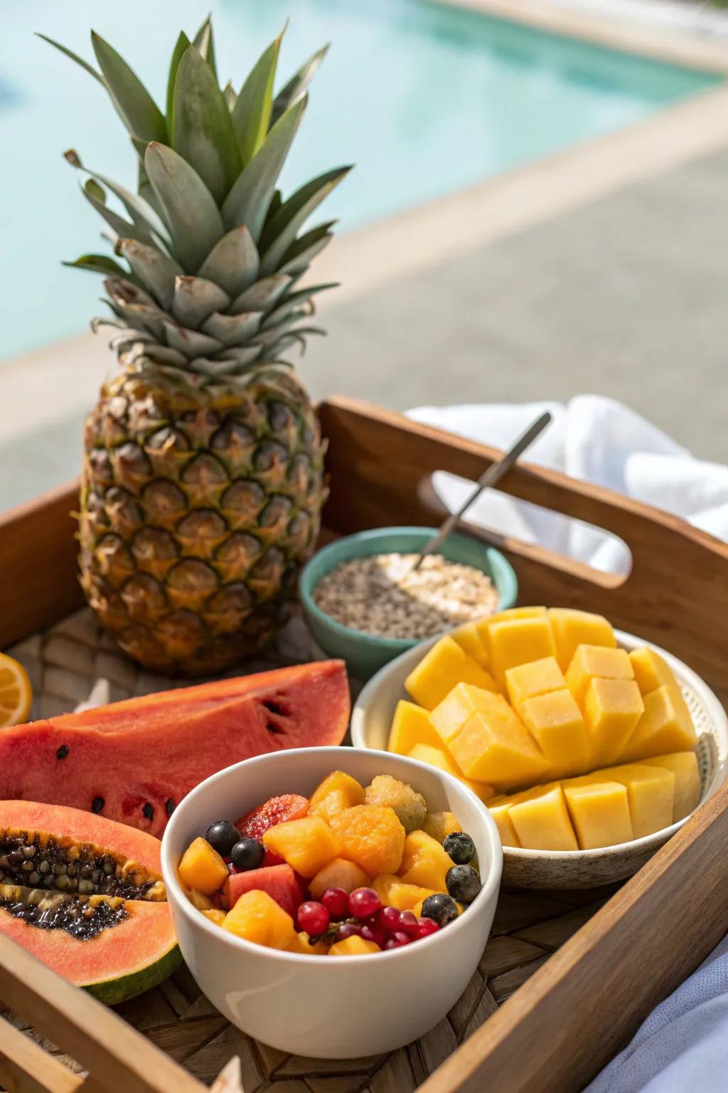 A exotic fruit medley provides a refreshing and exotic breakfast experience.