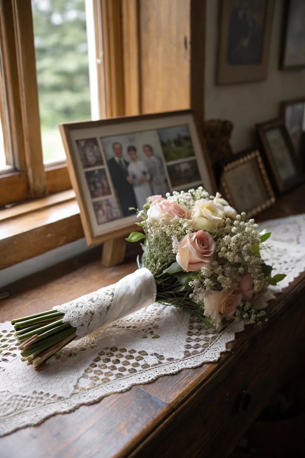 A handkerchief tie introduces a personal, sentimental element to wedding bouquets.
