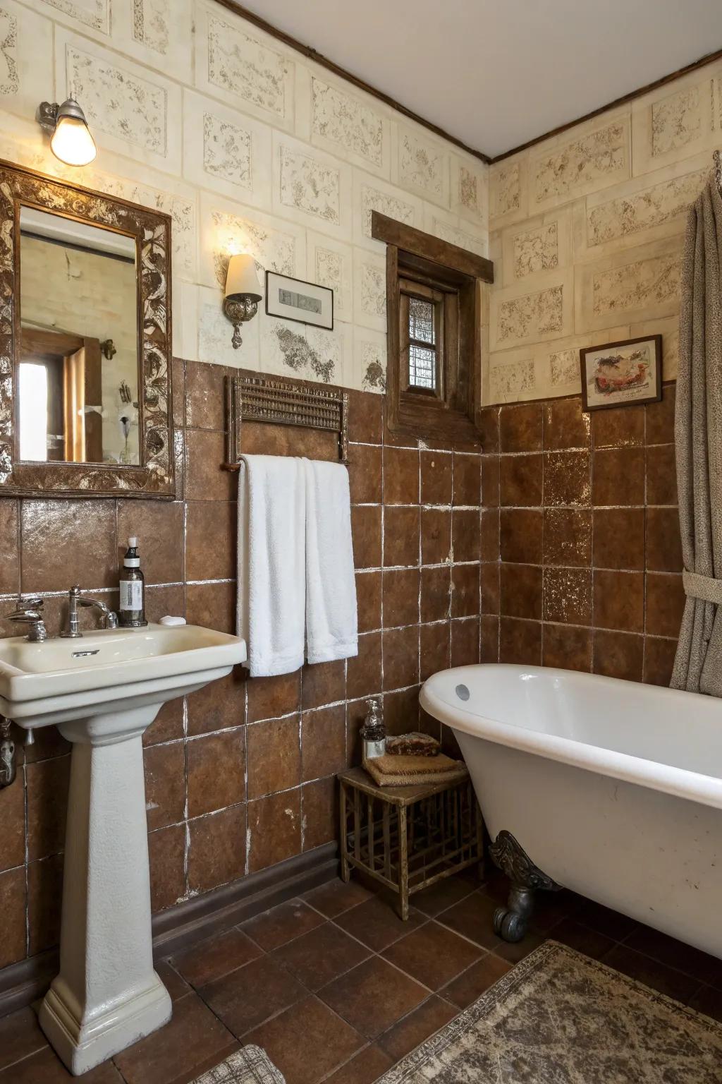 Refined aging through weathered tiles.