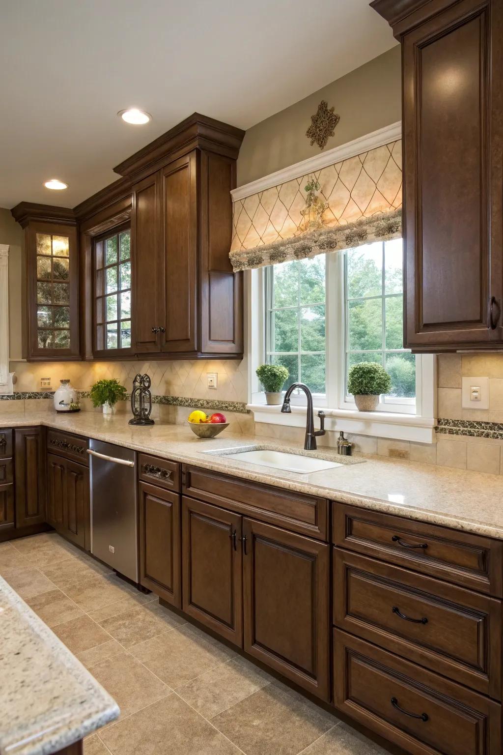 Brown and sand together fashion a warm, soothing kitchen milieu.