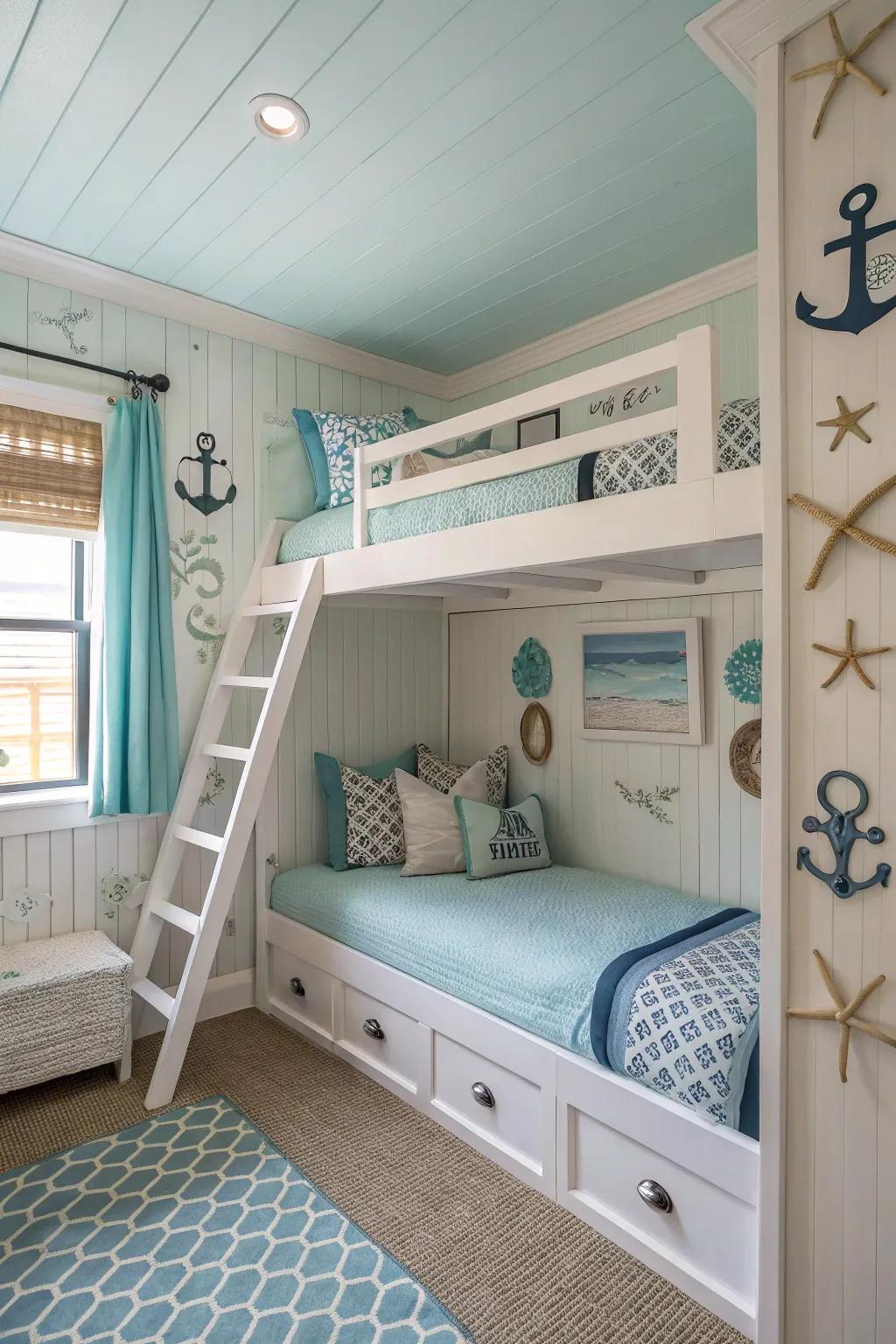 Transposing the beach indoors using coastal shades.