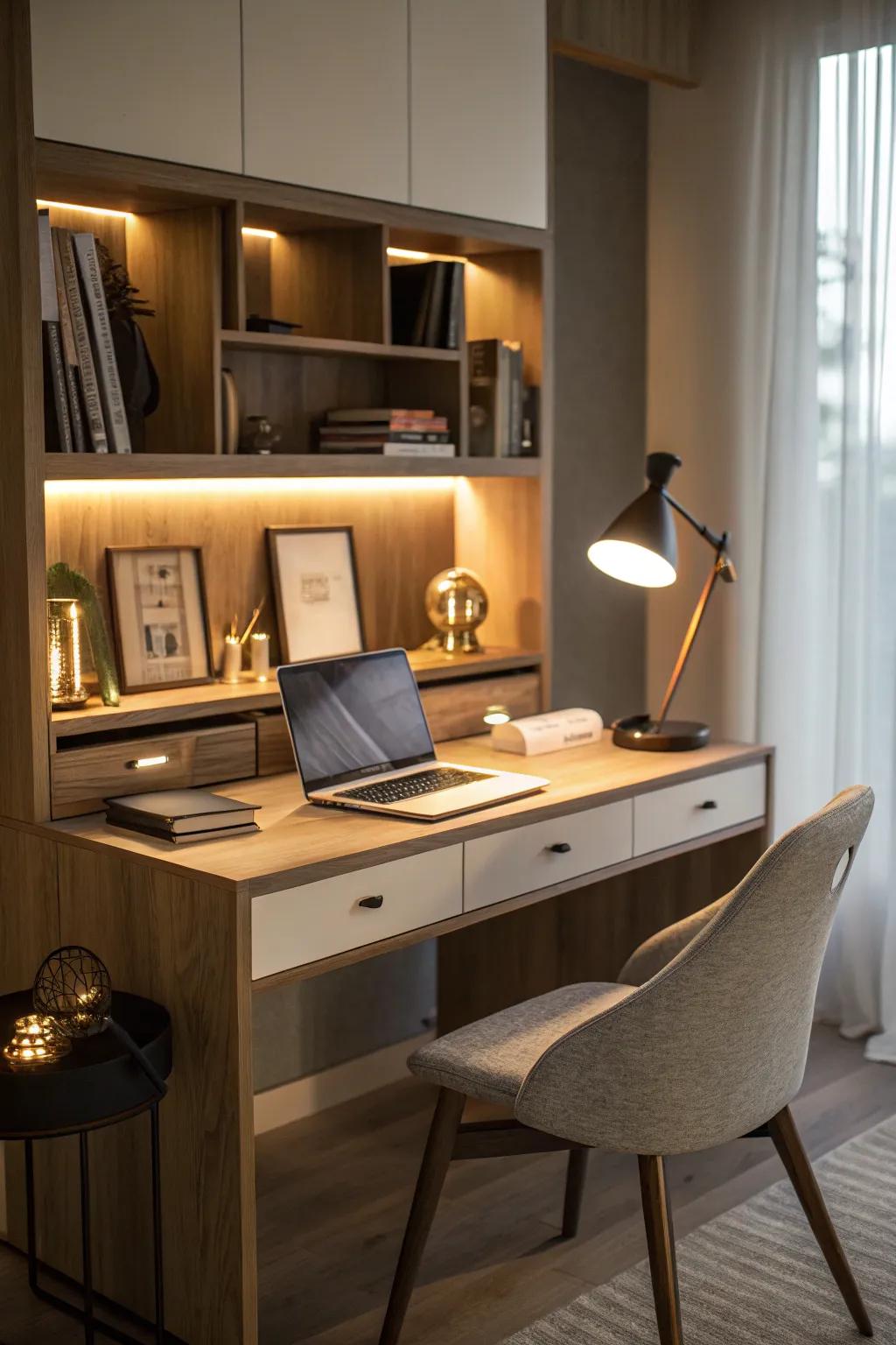 A luxurious desk illuminated by integrated lighting.