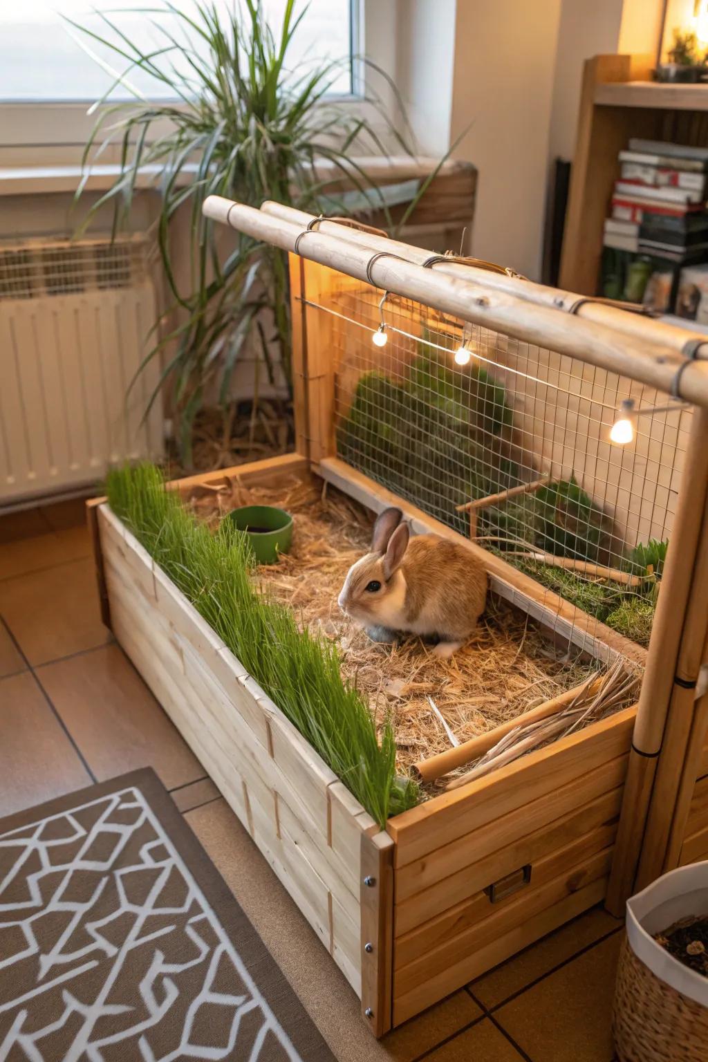 Eco-friendly materials create a sustainable and stylish bunny habitat.