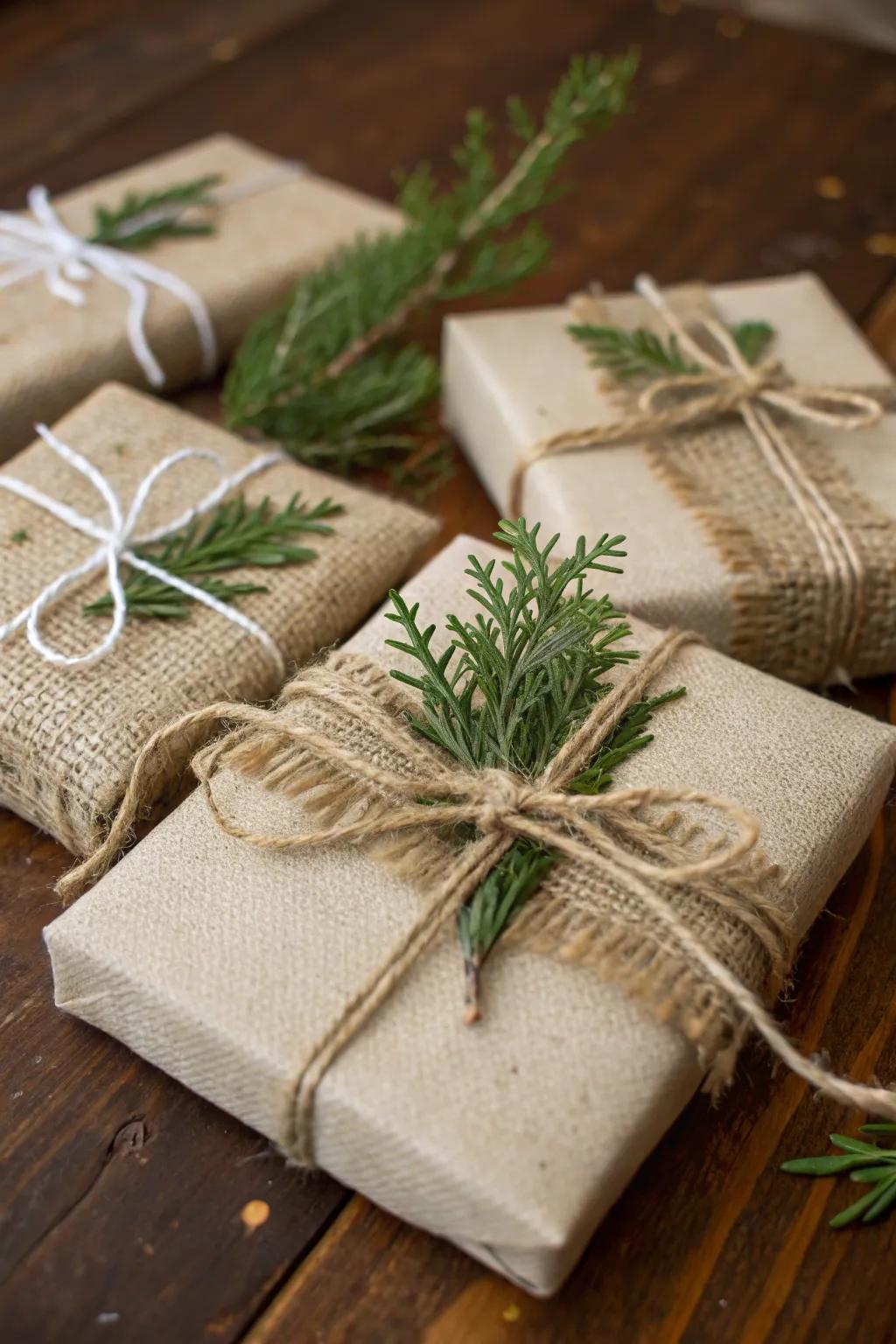 Hessian gift wrapping is both charming and eco-friendly.