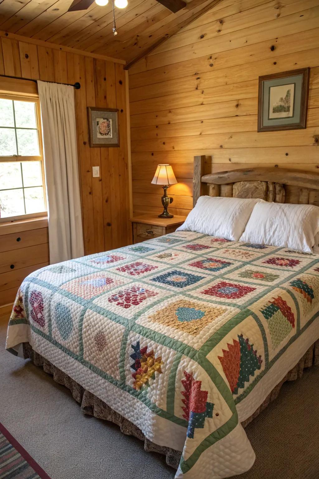A cabin bedroom featuring a handmade stitched cover on the bed.