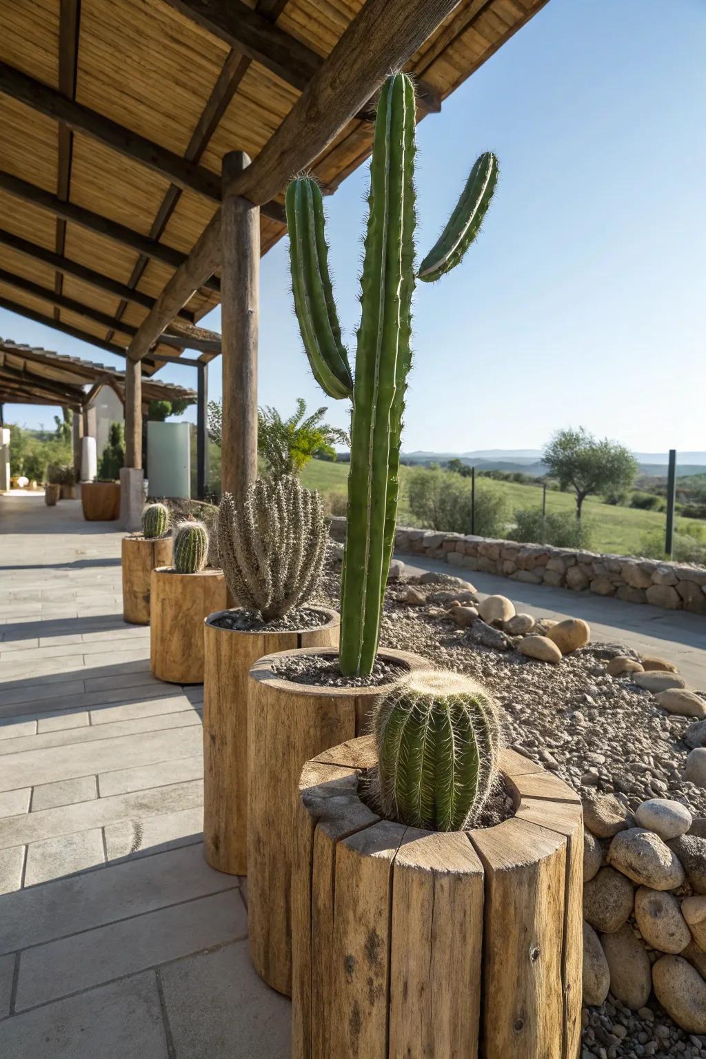 Country timber logs create an earthy, natural backdrop for your cacti.