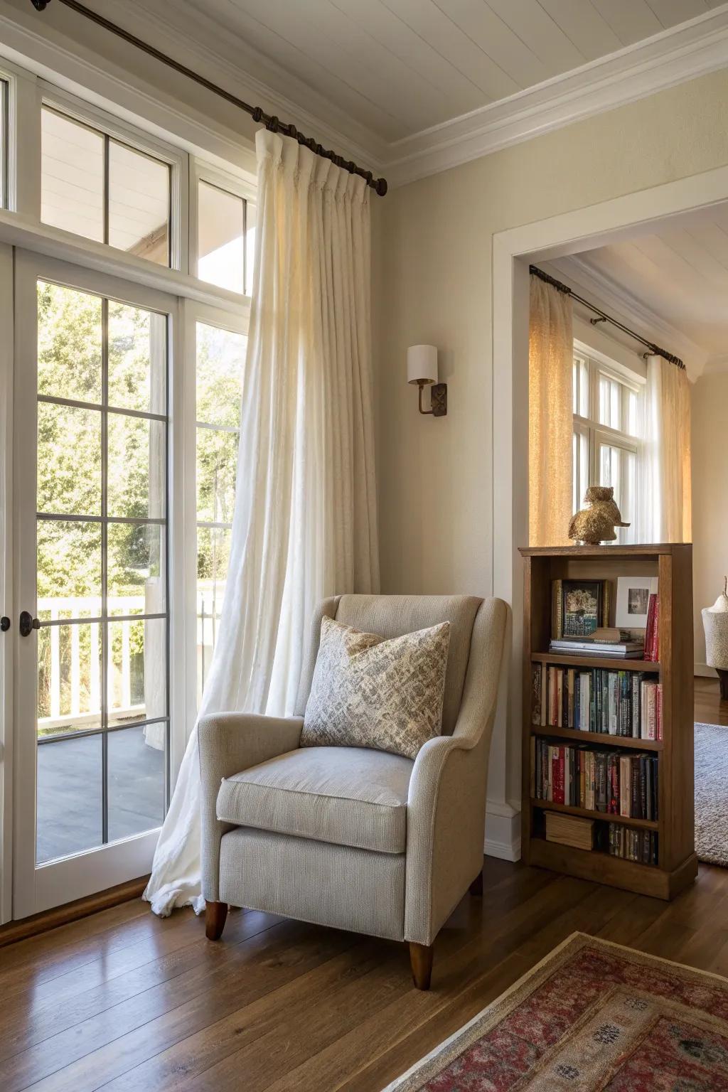 A snug reading nook in a California room for unwinding.