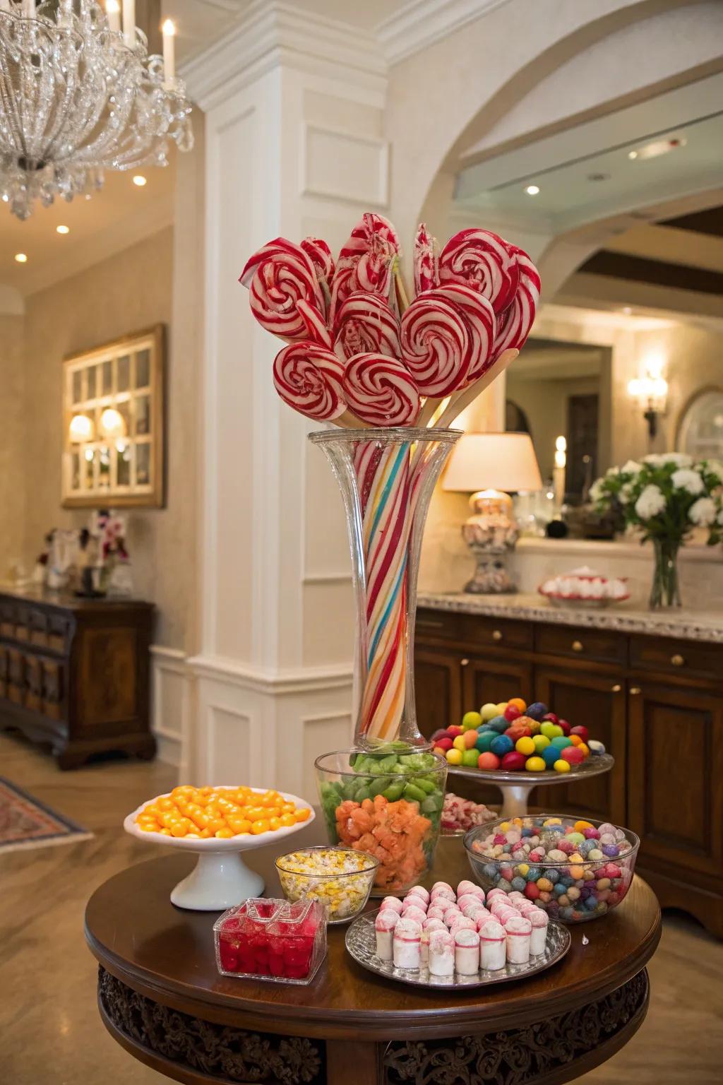 A candy arrangement centerpiece bringing flair to the table