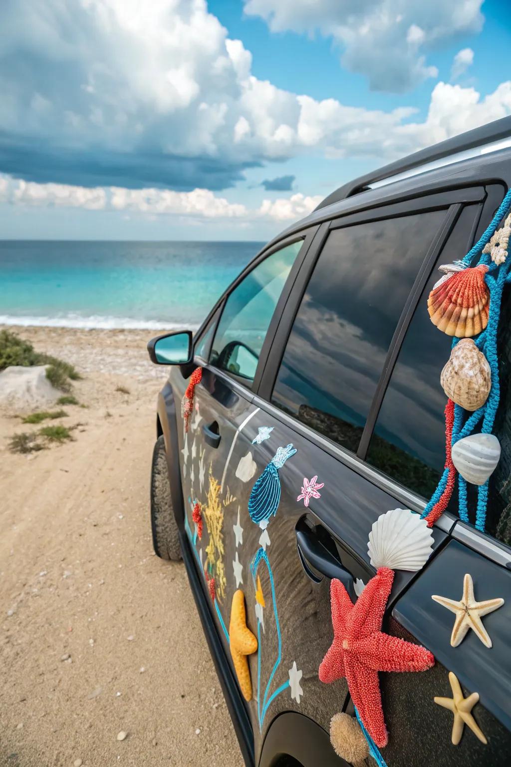 A car adorned with beachy components, suited for summer adventures.