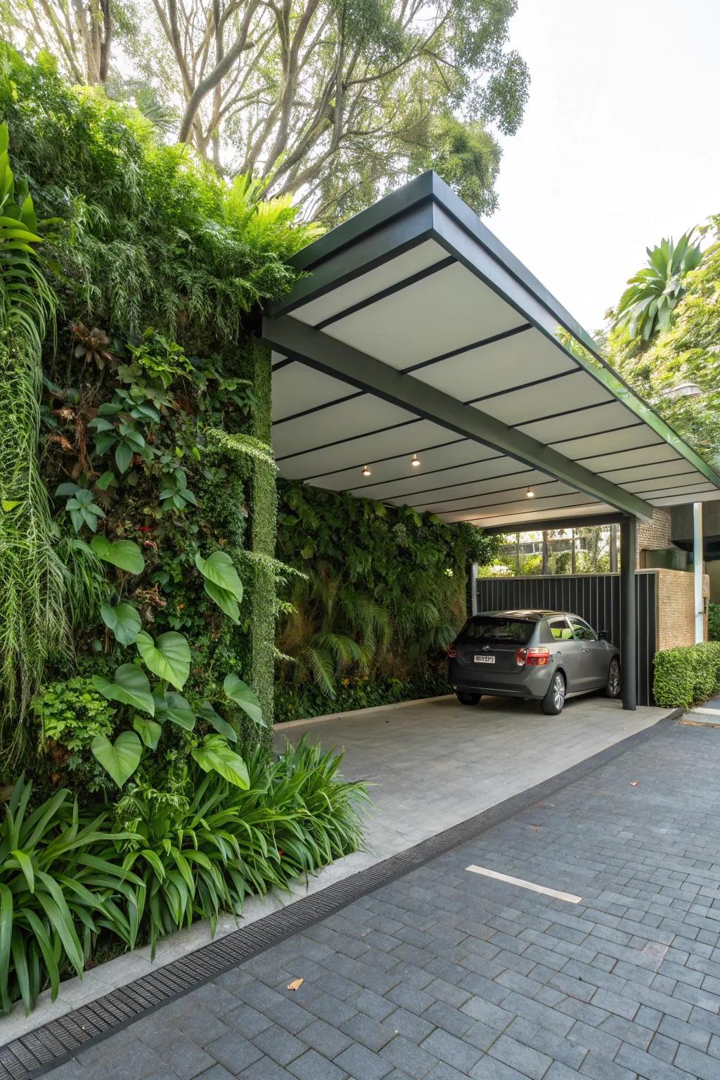 A carport accentuated by a lush living wall, blending nature with architecture.