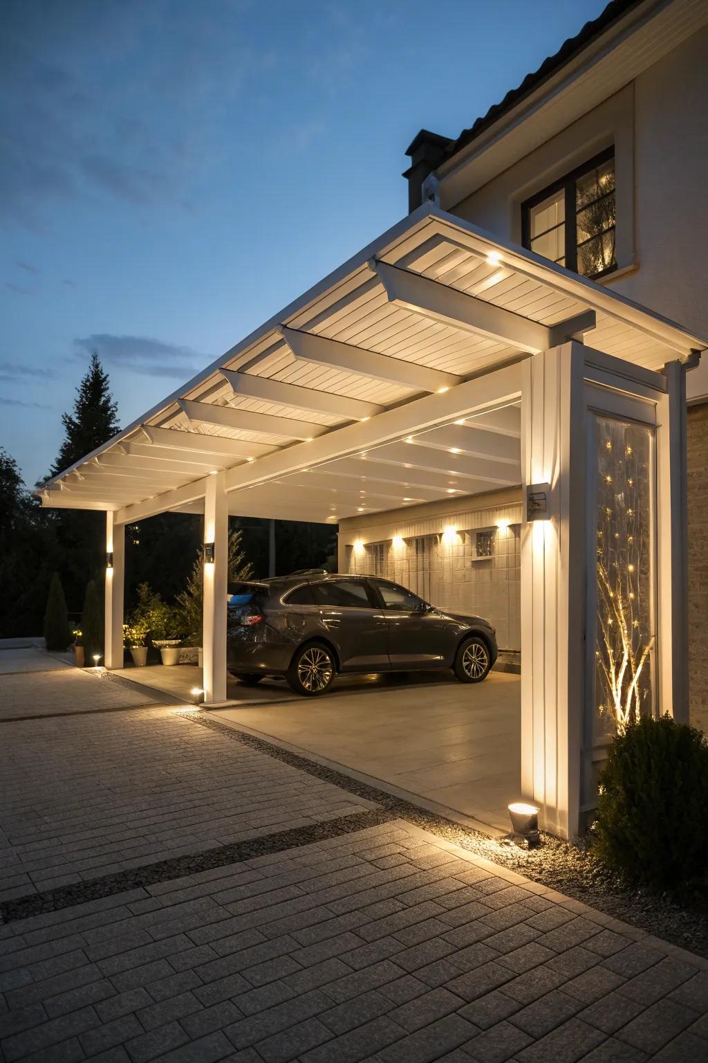Elevated lighting enhances your carport with subtle grace.