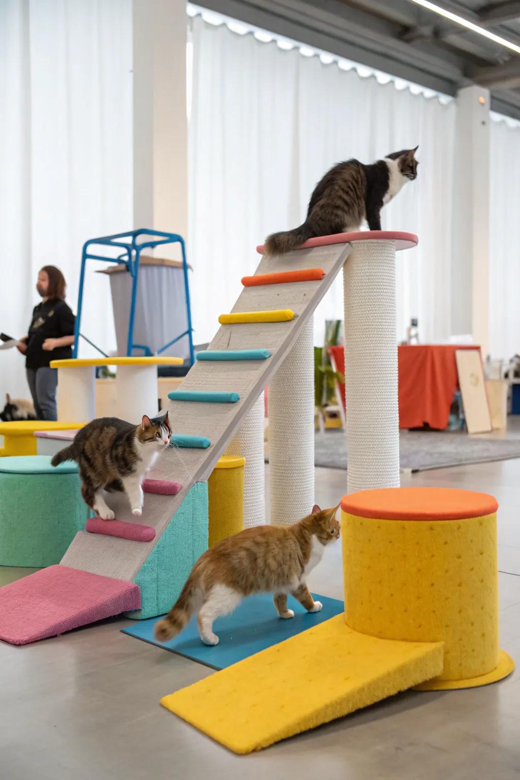 Awkward jumps create a fun and challenging playground for cats.