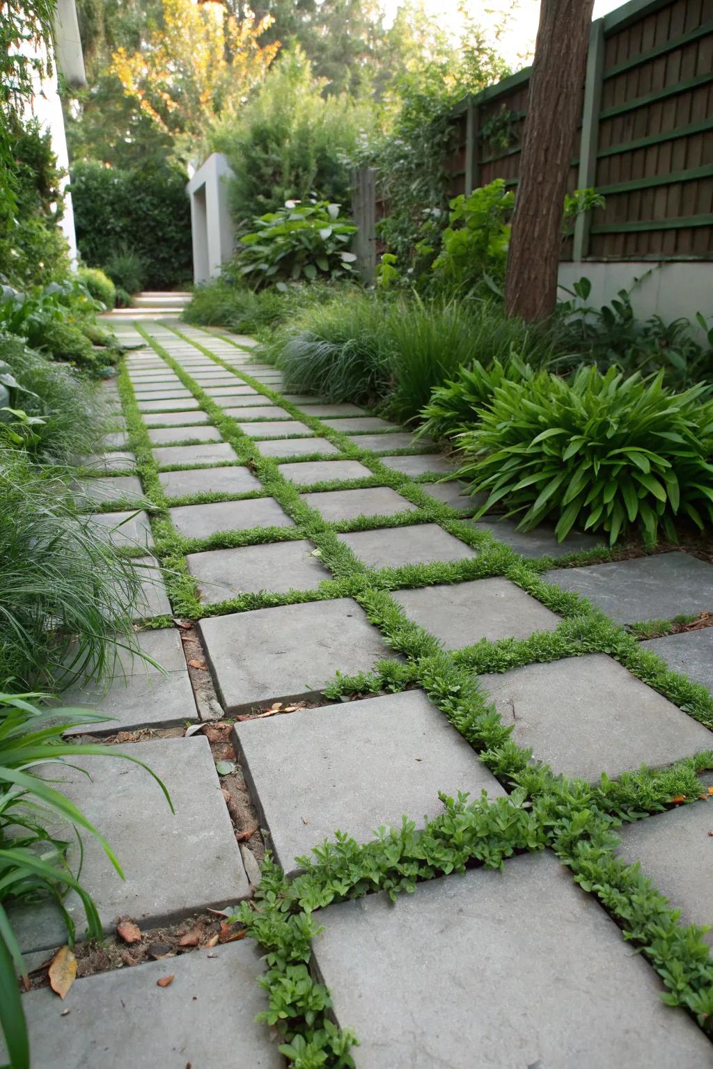 Vibrant stone tile path with greenery creating a natural ambiance.