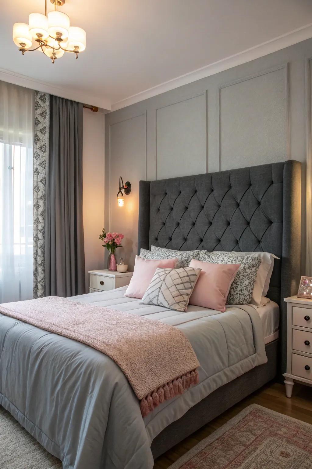 Pastel accents soften and romanticize a dark grey headboard setting.