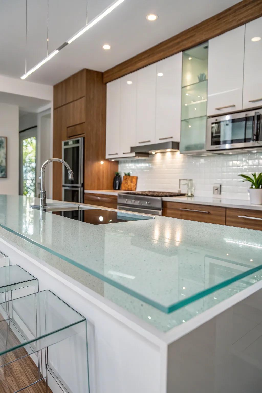 Elegant kitchen with crystalline panel countertops.