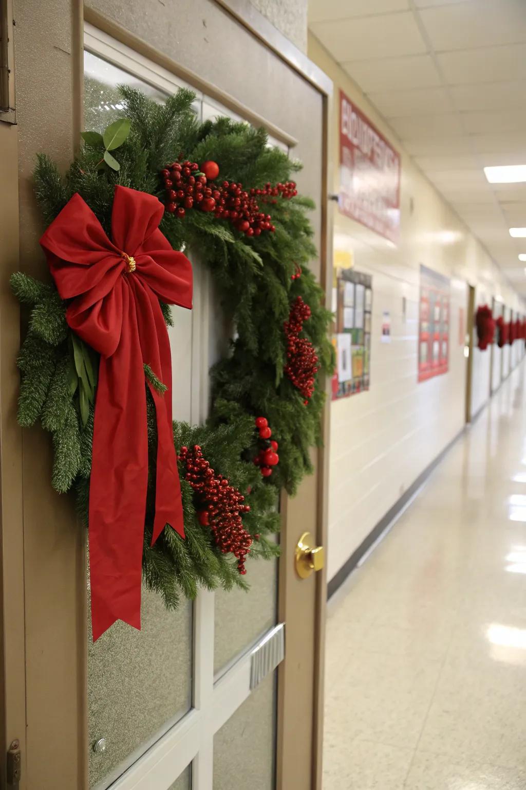 A quintessential holiday chaplet adorns this school entryway.