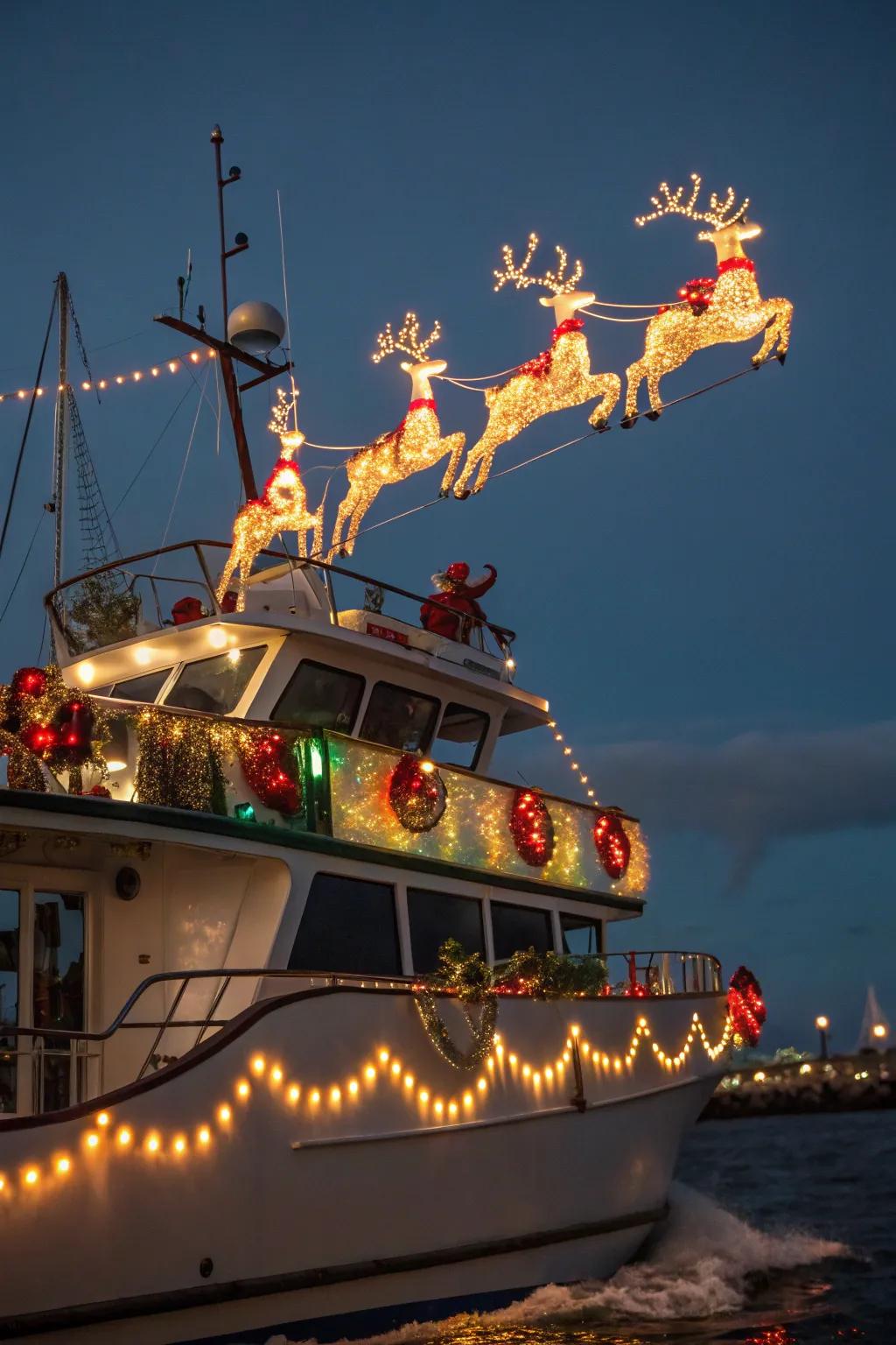Reindeer ascending through the night, captured in a stunning light presentation.