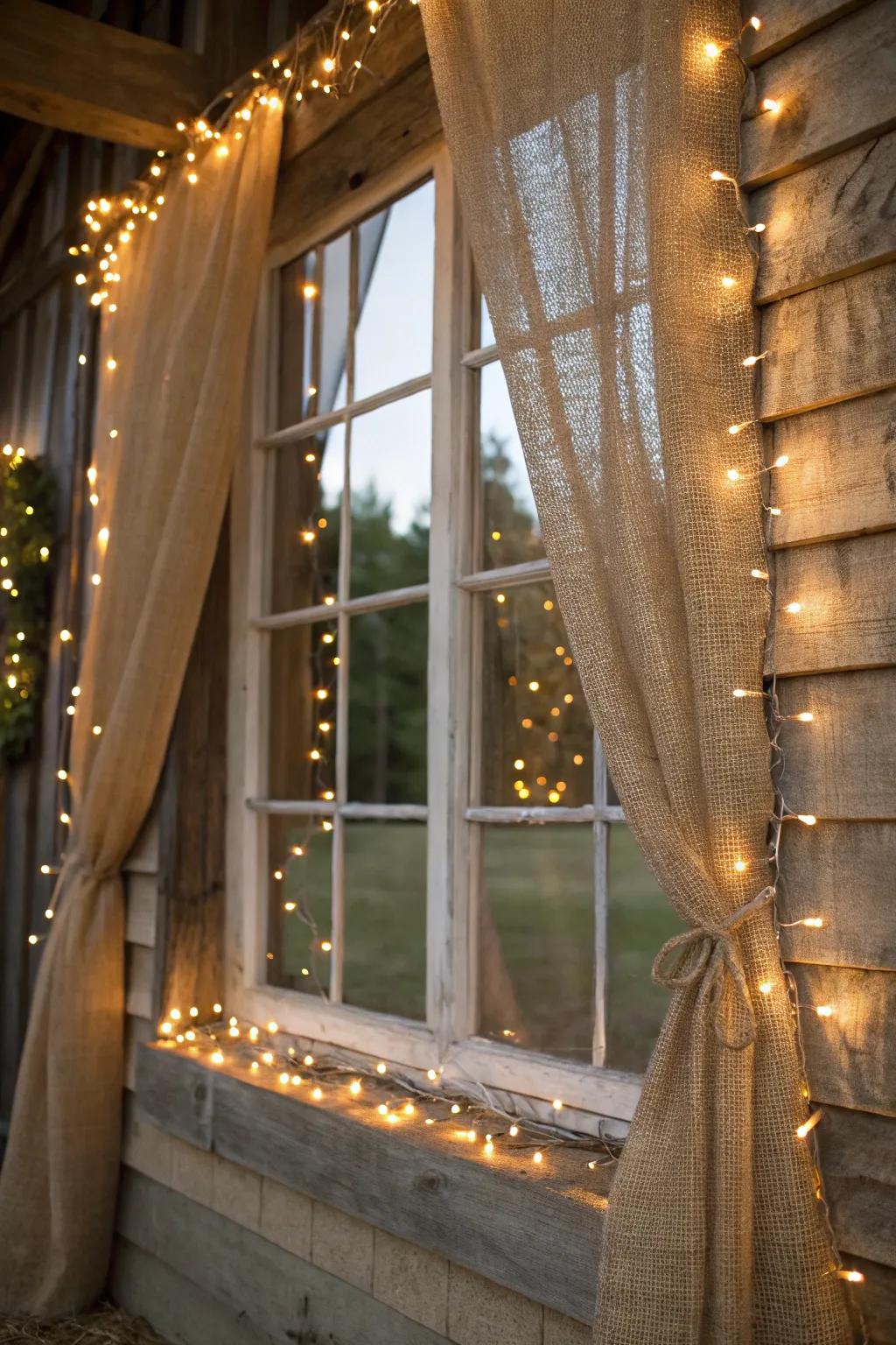 Burlap and lights establish a rustic, toasty window display.