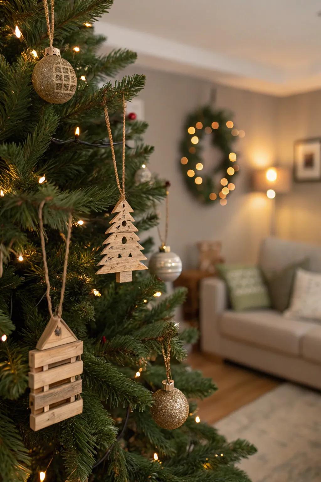 Celebrate inventiveness with wood-plank baubles.