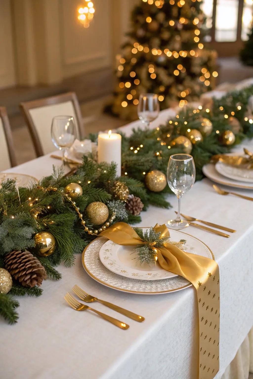 Pine and gold pair for festive glamour.