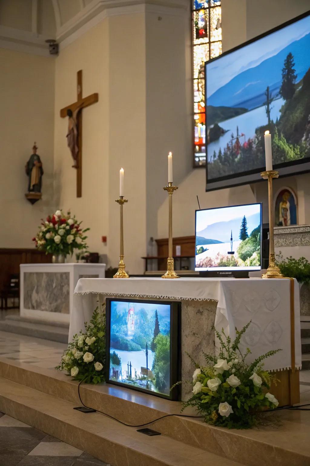 An altar enhanced by digital screens showcasing serene and inspirational visuals.