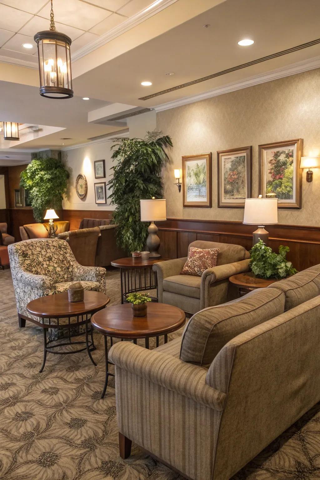 Enticing social zones encouraging gatherings inside a clubhouse.